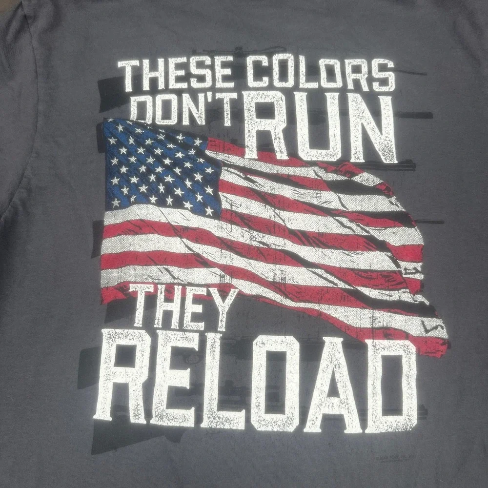 Buck Wear Mens These Colors Dont Run Reload T-Shirt Small Gray American Flag Tee